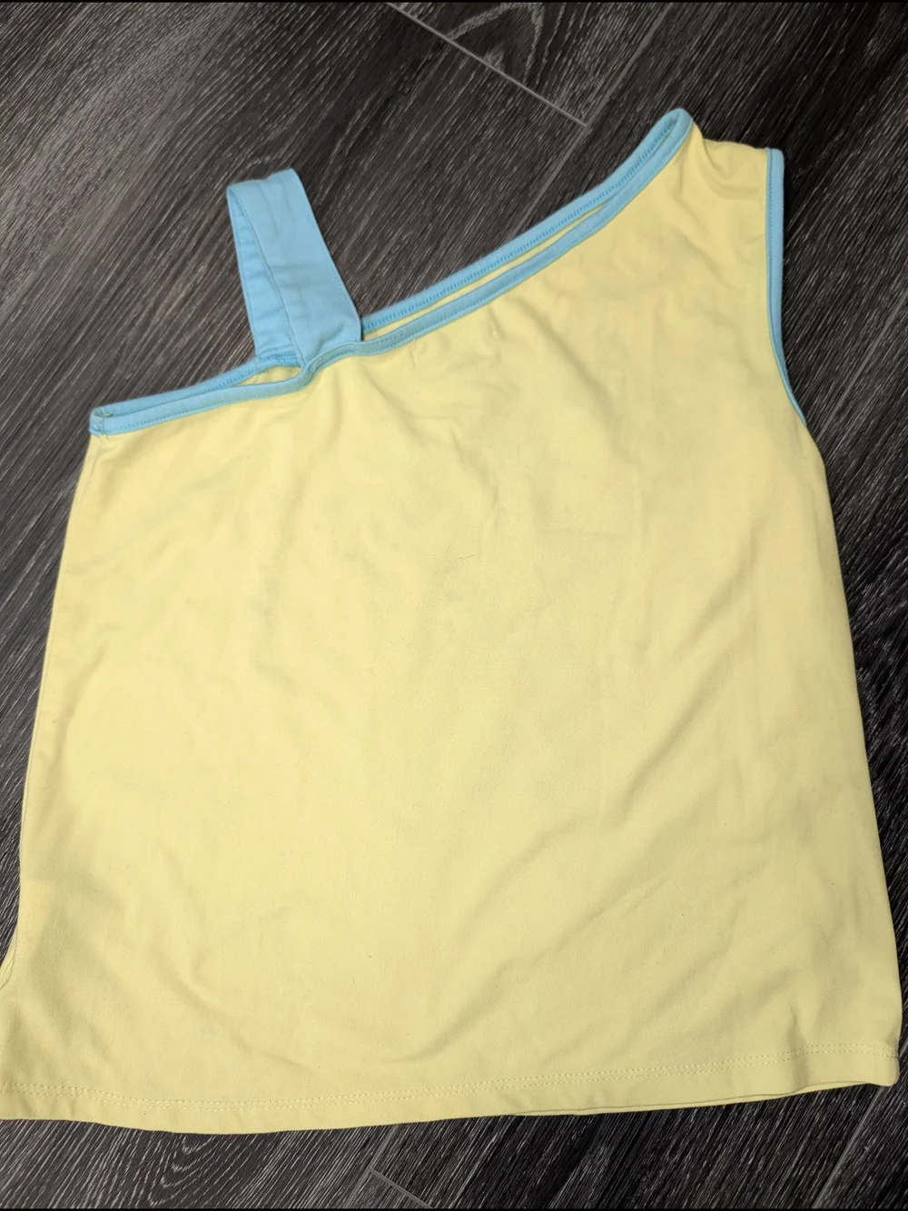 Forever 21 Yellow One-Shoulder Tank with Blue Trim & Silver '02'
